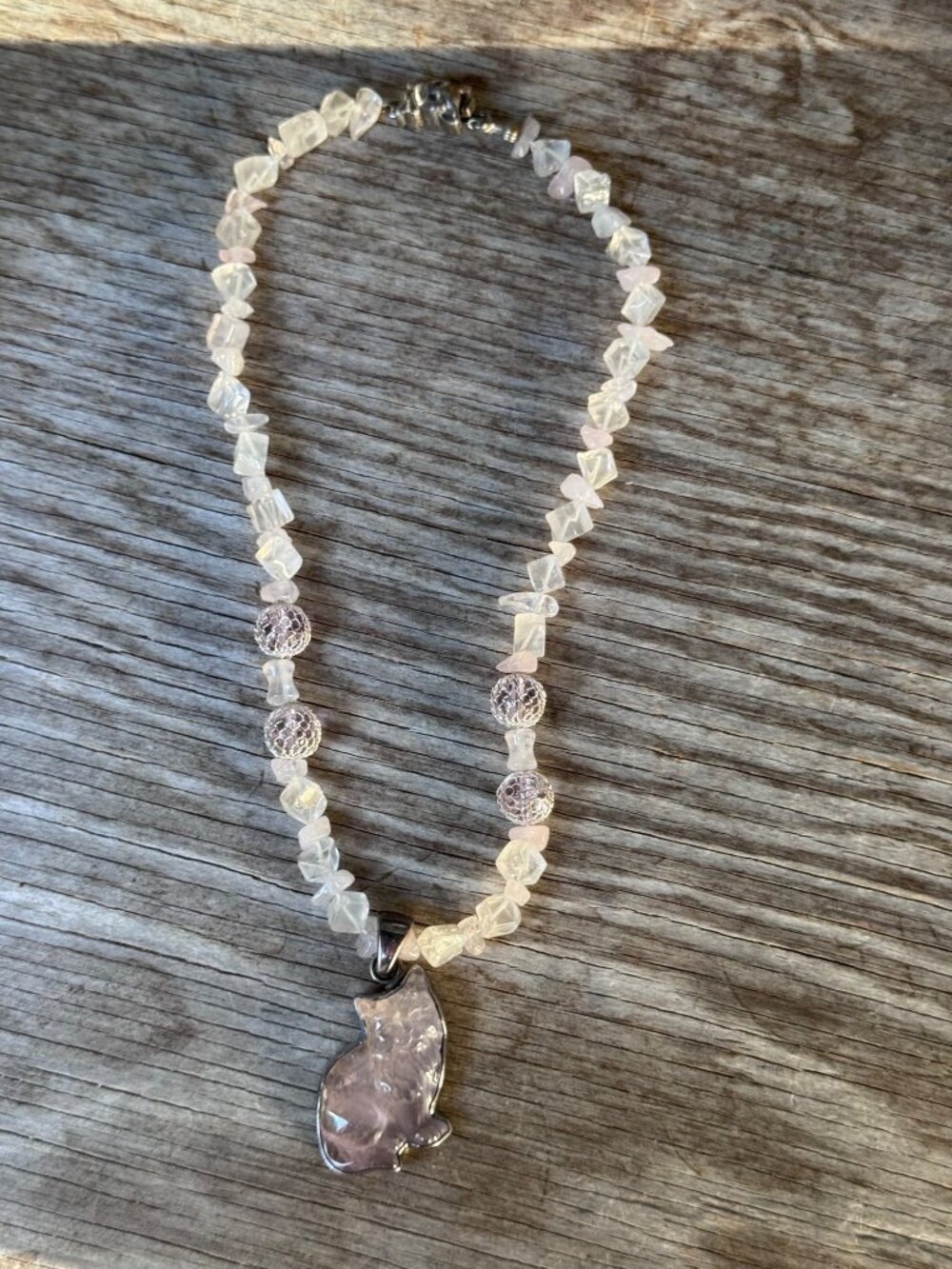 Charles Albert Sterling Rose Quartz Cat Pendant Necklace 16” Beaded Artisan